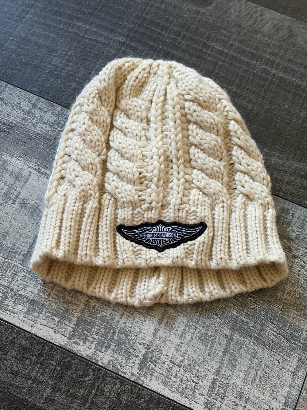 Harley Davidson Cream Cable Knit Beanie Wing Logo One Size
